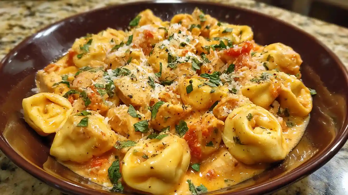 Bowl of creamy Crockpot Chicken Tortellini with shredded chicken, cheese-filled pasta, and herbs