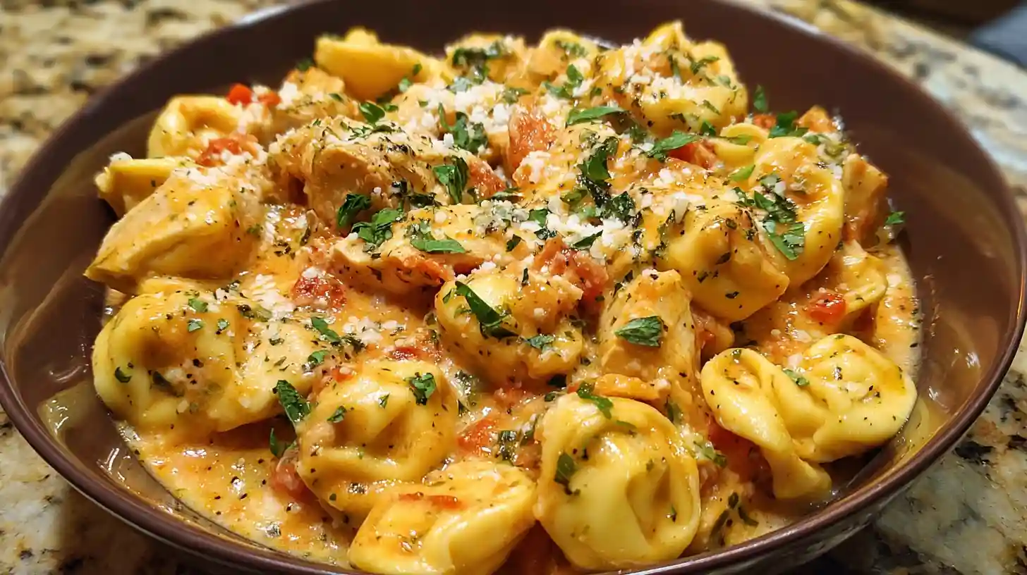 Creamy Crockpot Chicken Tortellini topped with parsley and parmesan, served in a deep brown bowl