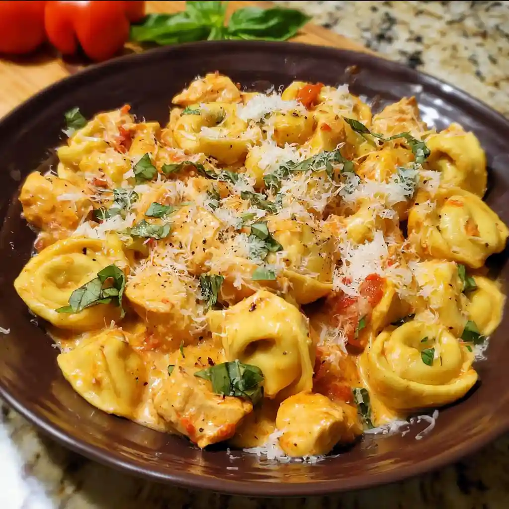 Creamy Crockpot Chicken Tortellini topped with shredded parmesan and fresh basil in a brown bowl