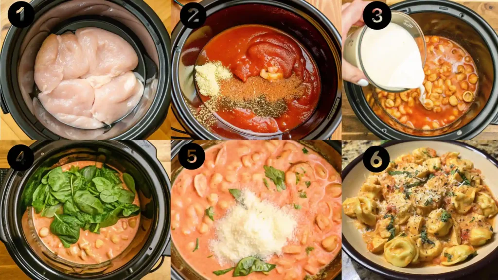Step-by-step images showing how to make Crockpot Chicken Tortellini from raw chicken to final plated dish