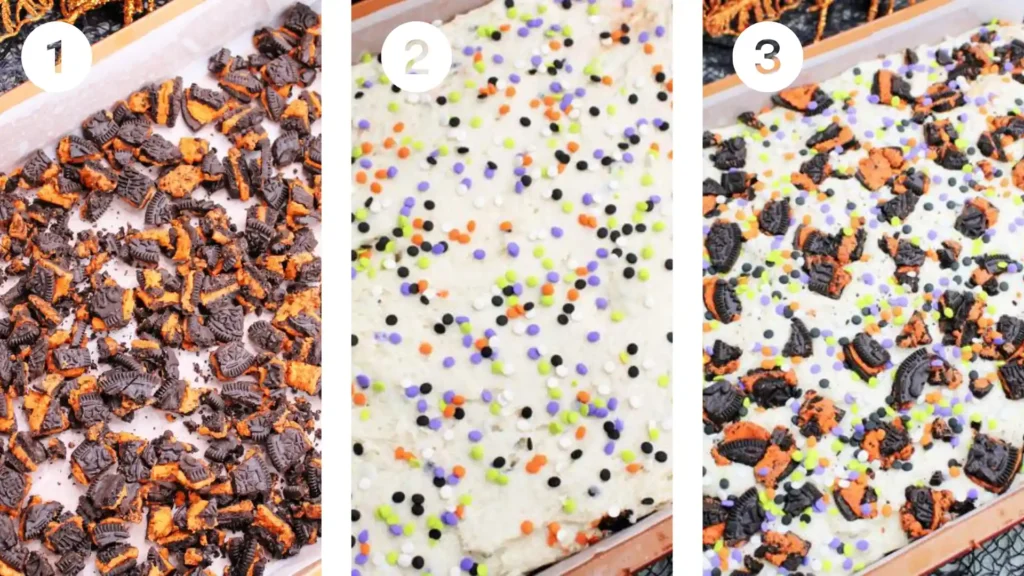 Step-by-step images showing how to layer crushed Halloween Oreos, cake batter, and sprinkles for Oreo Cake Bars.