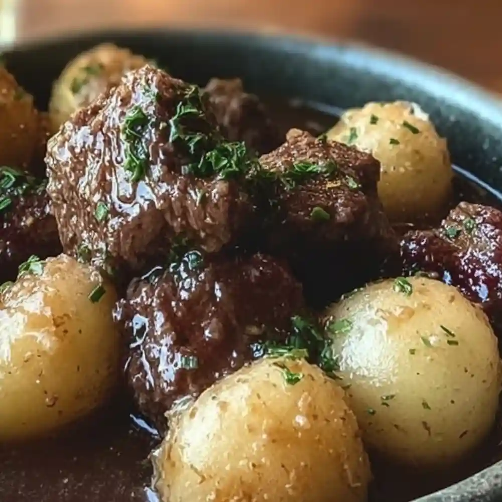 Garlic butter beef bites and baby potatoes simmered in sauce, garnished with herbs in a dark bowl