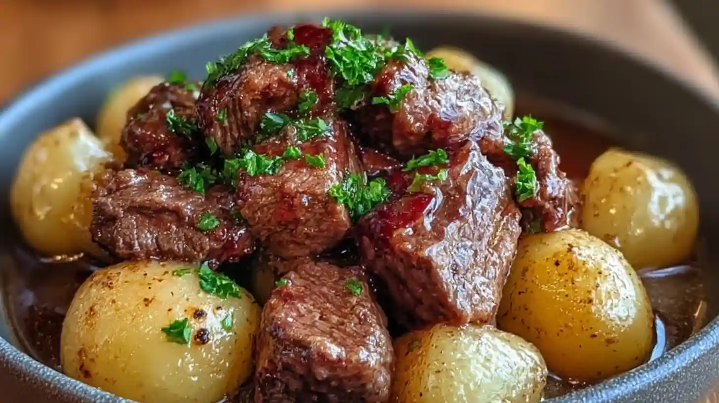 Close-up of garlic butter beef bites with tender baby potatoes, topped with fresh parsley in a rustic bowl
