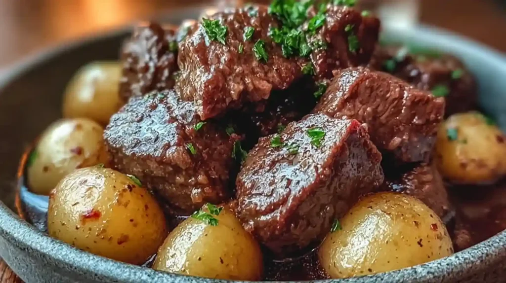 Garlic butter beef bites with baby potatoes in a savory sauce, garnished with parsley in a dark ceramic bowl