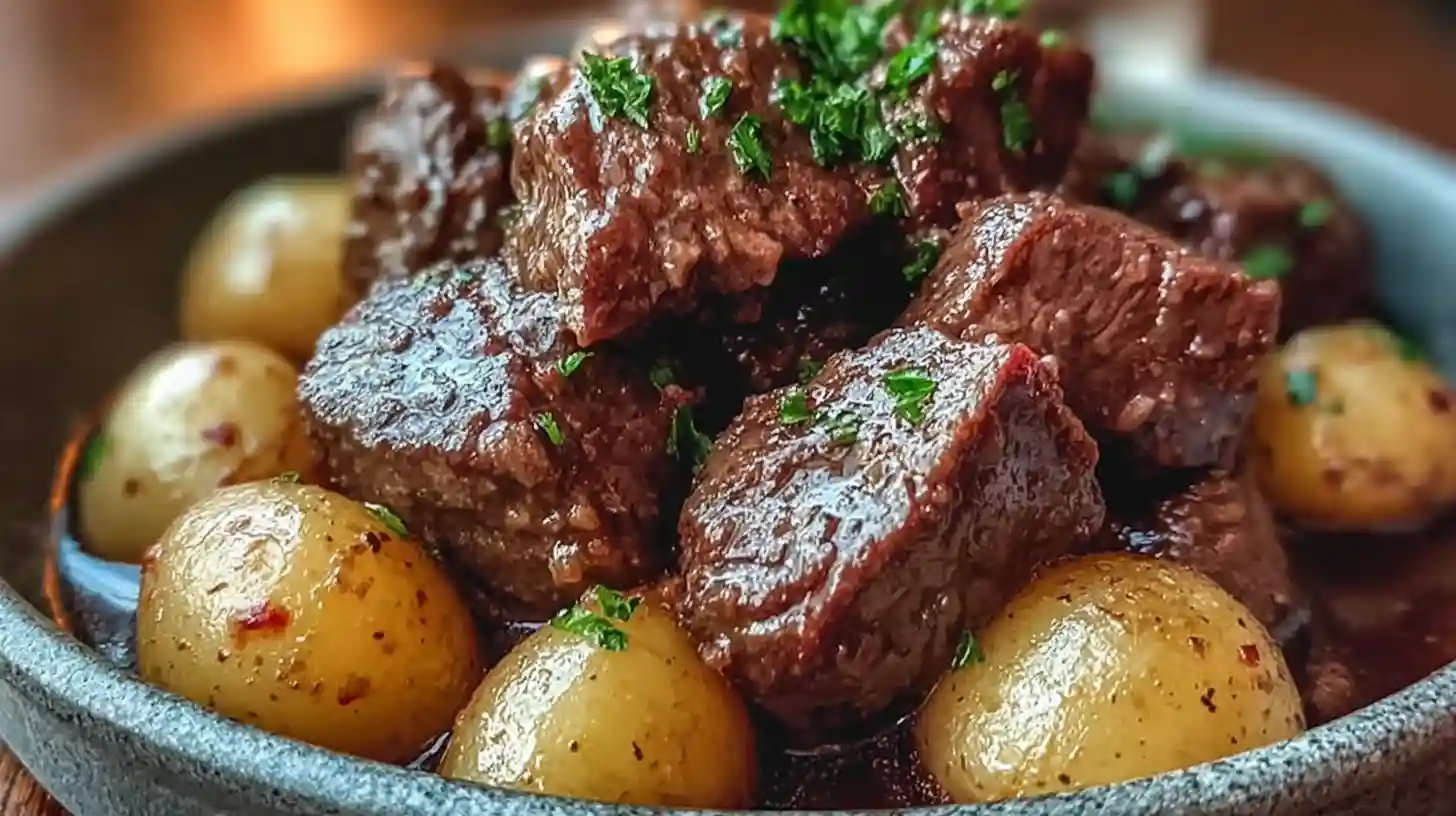 Garlic butter beef bites with baby potatoes in a savory sauce, garnished with parsley in a dark ceramic bowl