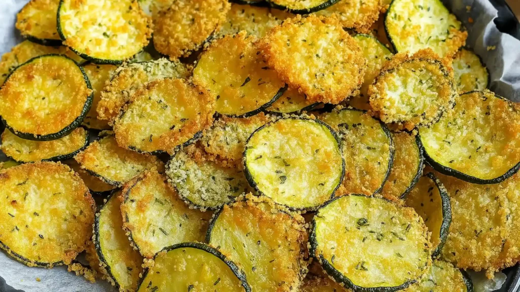 Baked Garlic Parmesan Zucchini Chips with a crispy, golden coating arranged on parchment paper.