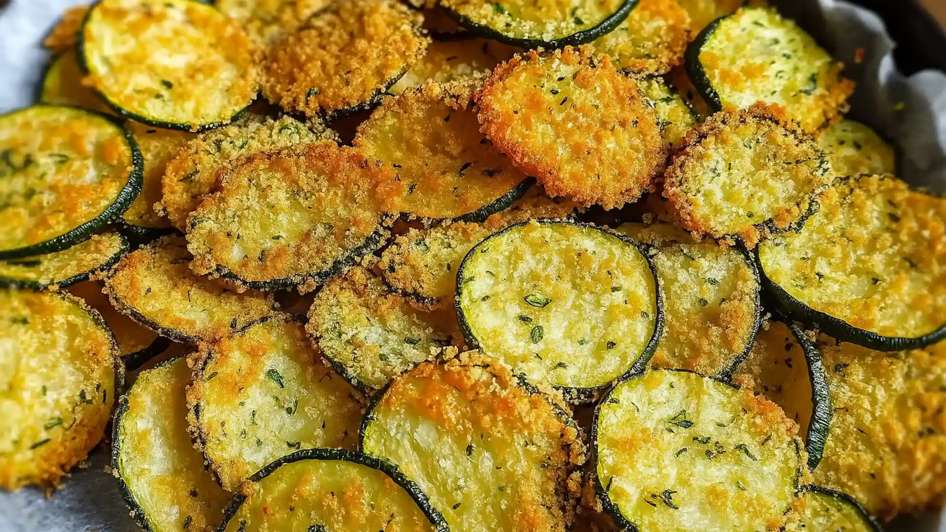 Close-up of crispy Garlic Parmesan Zucchini Chips baked to golden perfection with a crunchy Parmesan coating.