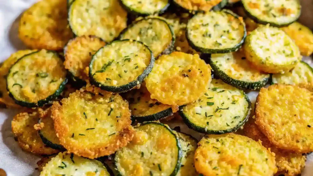 Golden brown Garlic Parmesan Zucchini Chips with a crispy coating, sprinkled with herbs on parchment paper.