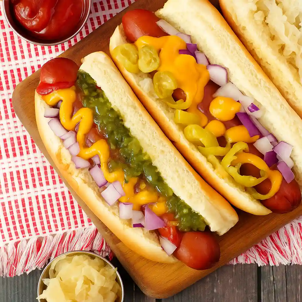Hot dogs topped with zucchini relish, mustard, onions, and peppers on a wooden serving board