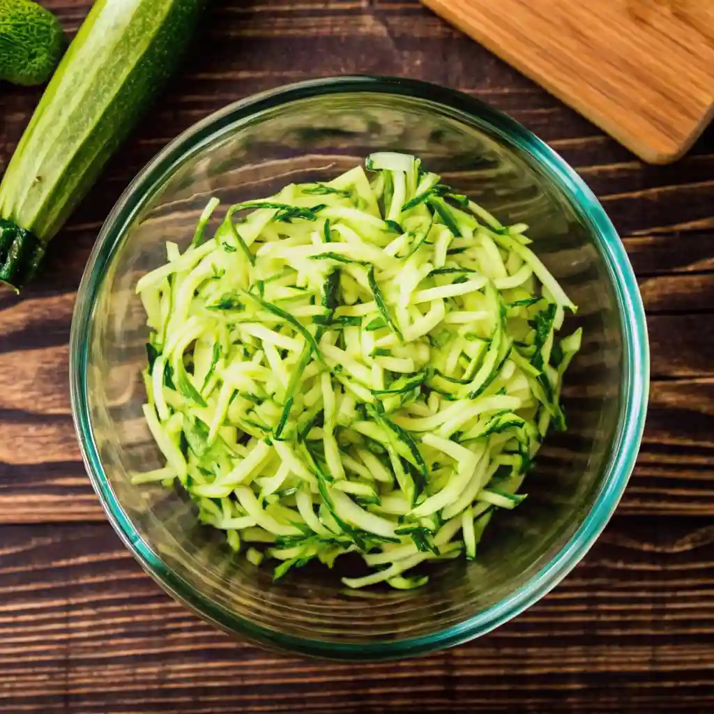 Shredded fresh zucchini in a glass bowl on a wooden surface
