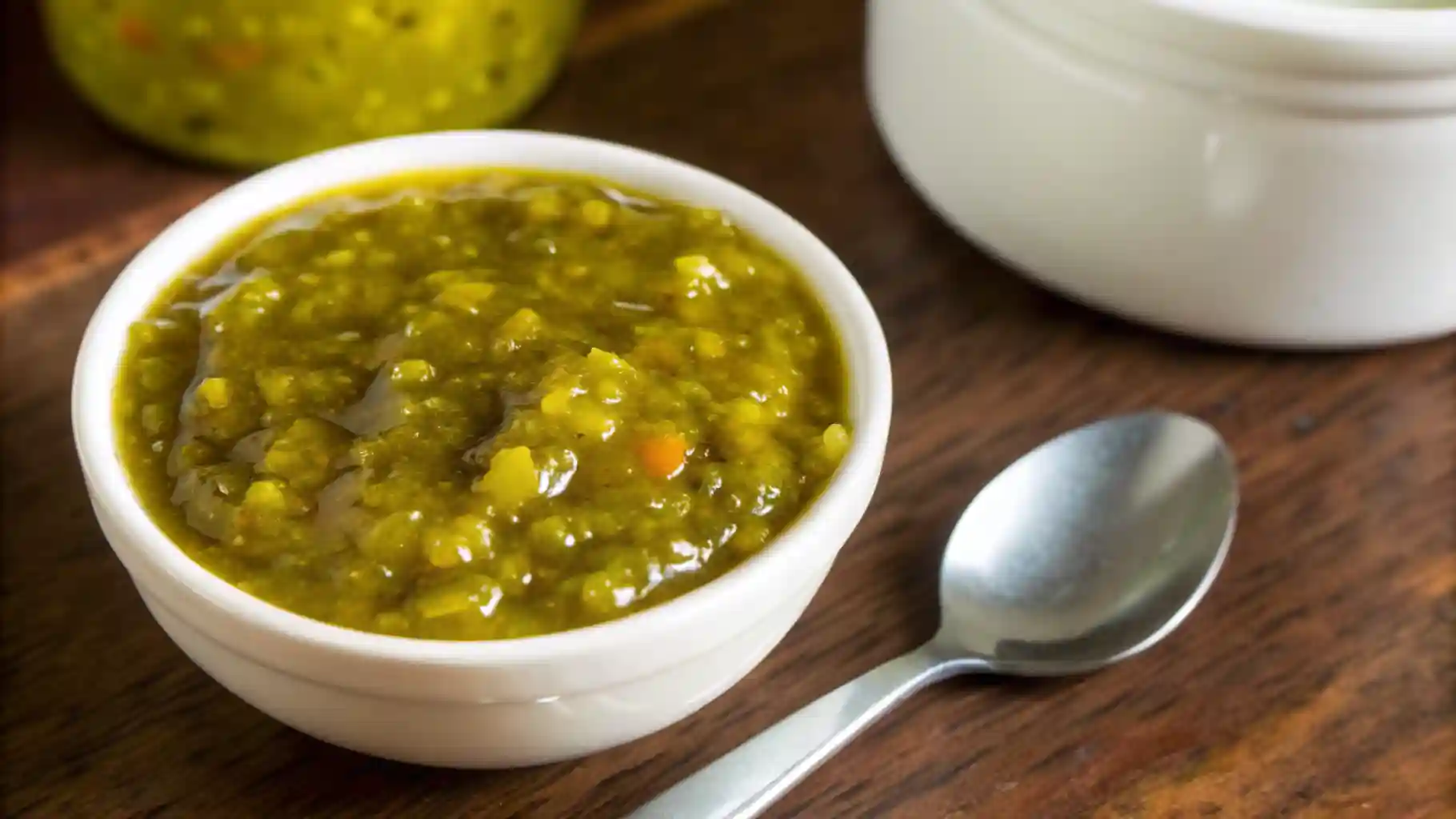 Close-up of homemade zucchini relish in a white bowl on a rustic wooden table