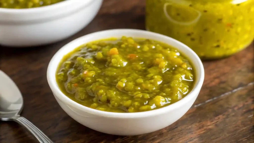 Bowl of zucchini relish on a wooden table with a spoon beside it