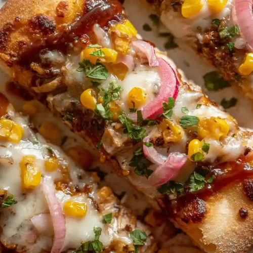 Close-up of grilled BBQ chicken pizza with corn, melted cheese, pickled onions, and herbs on a crispy golden crust.