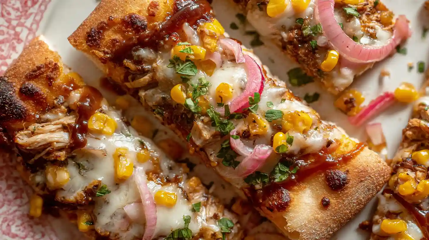 Close-up of grilled BBQ chicken pizza with corn, melted cheese, pickled onions, and herbs on a crispy golden crust.