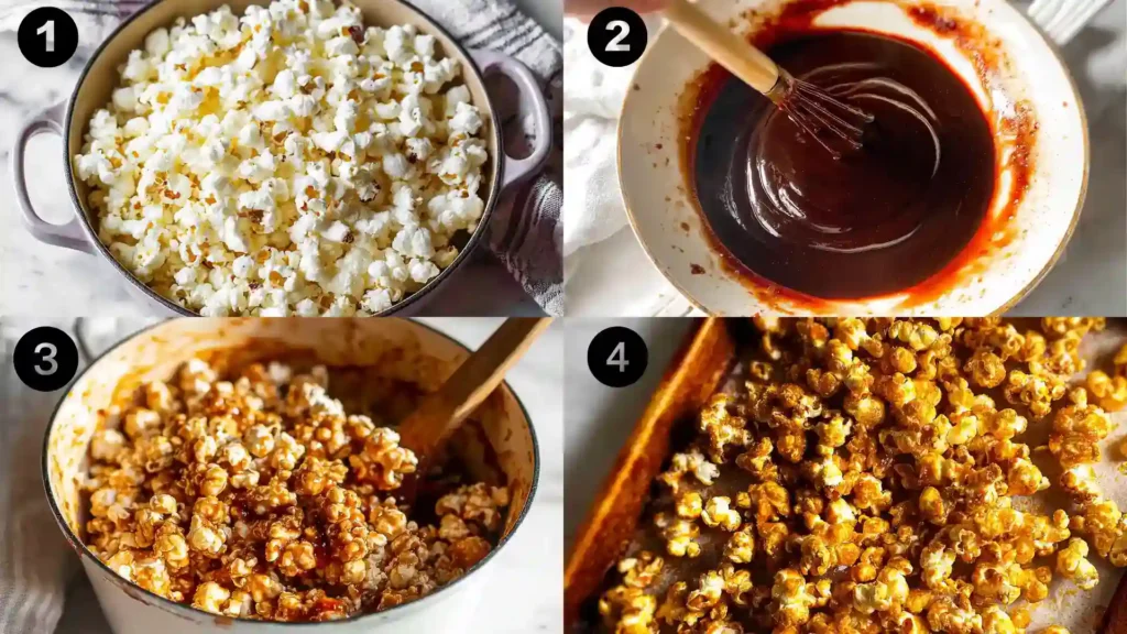 Four-step process for making homemade caramel popcorn without corn syrup: popcorn, caramel sauce, coating, and baked result