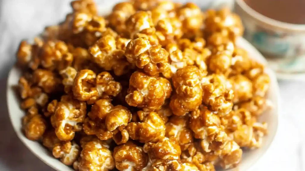 Bowl of homemade caramel popcorn coated in glossy, golden caramel without corn syrup