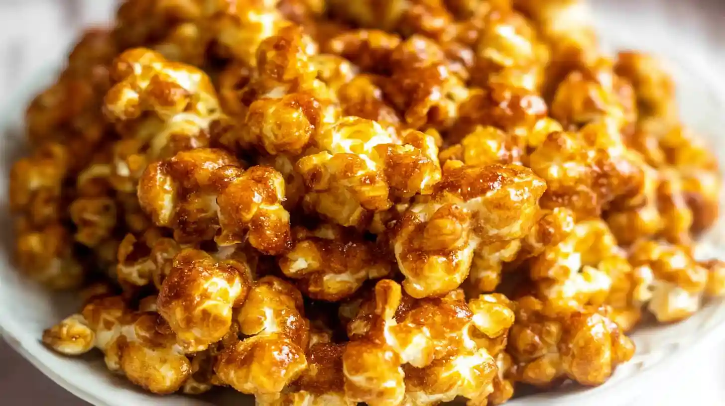 Crunchy homemade caramel popcorn coated in golden brown caramel without corn syrup