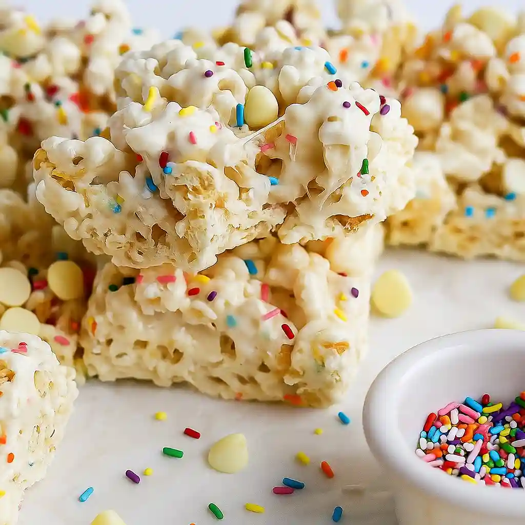 Stacked squares of homemade Funfetti Marshmallow Popcorn Treats with rainbow sprinkles, white chocolate chips, and a small bowl of extra sprinkles nearby.