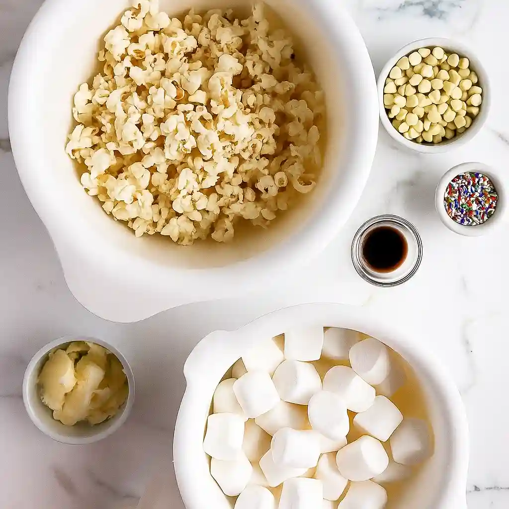 Ingredients for homemade Funfetti Marshmallow Popcorn Treats, including popcorn, marshmallows, butter, white chocolate chips, vanilla, and sprinkles.