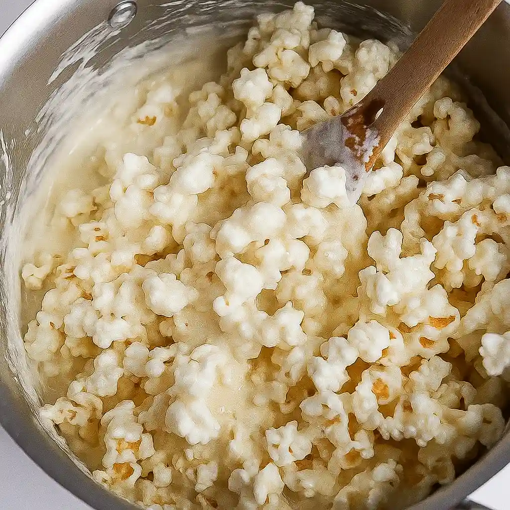 Melted marshmallow and popcorn being stirred in a saucepan with a wooden spoon for homemade Funfetti Marshmallow Popcorn Treats.