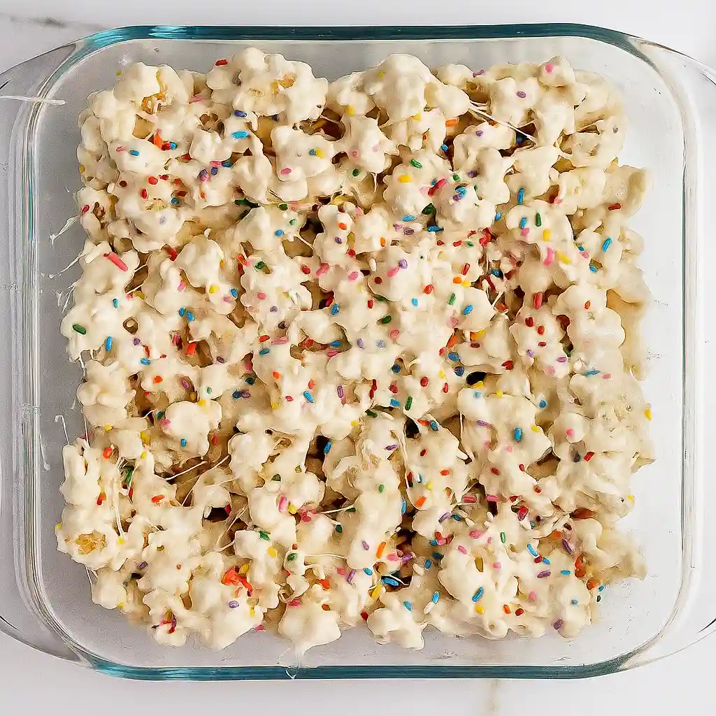 Homemade Funfetti Marshmallow Popcorn Treats pressed into a glass baking dish, topped with colorful sprinkles and gooey marshmallow coating.