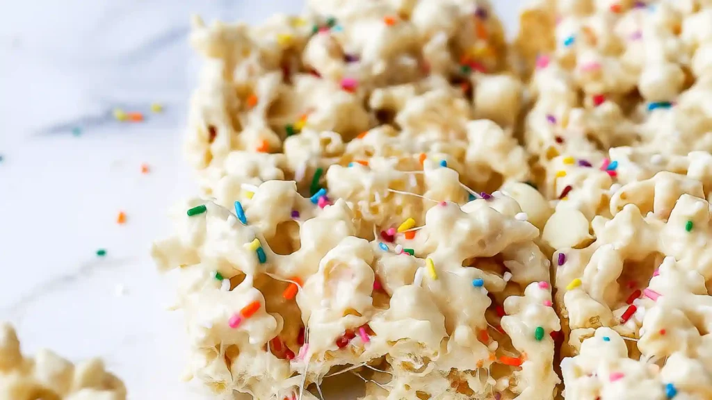 Close-up of gooey homemade Funfetti Marshmallow Popcorn Treats with melted marshmallow strands and colorful sprinkles on a white surface.