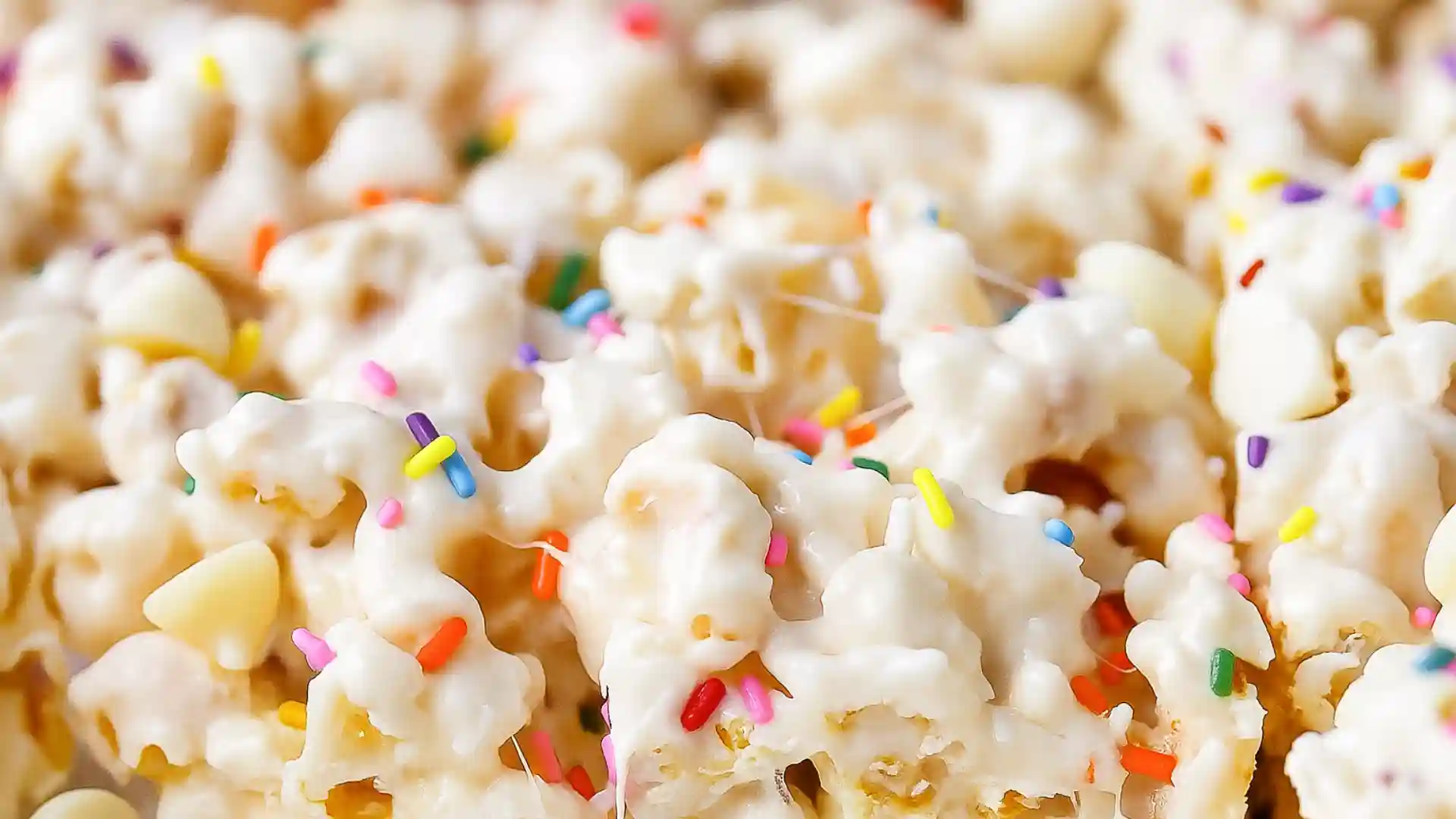 Close-up of homemade Funfetti Marshmallow Popcorn Treats with melted marshmallow, rainbow sprinkles, and white chocolate chips.