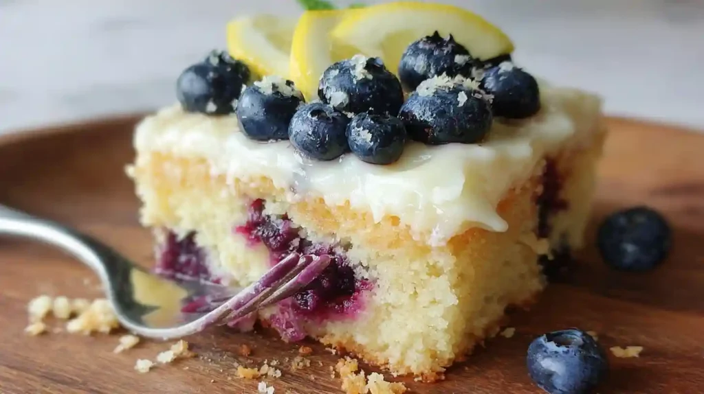 Slice of lemon blueberry sheet cake topped with creamy glaze, fresh blueberries, and lemon slices.