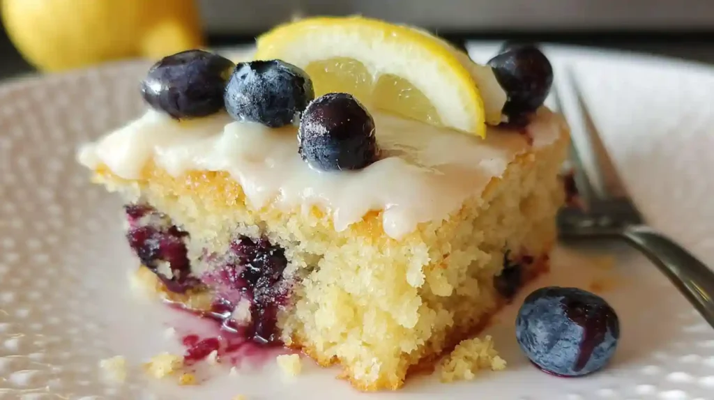 A slice of lemon blueberry sheet cake with lemon glaze, fresh blueberries, and lemon wedge on a plate.