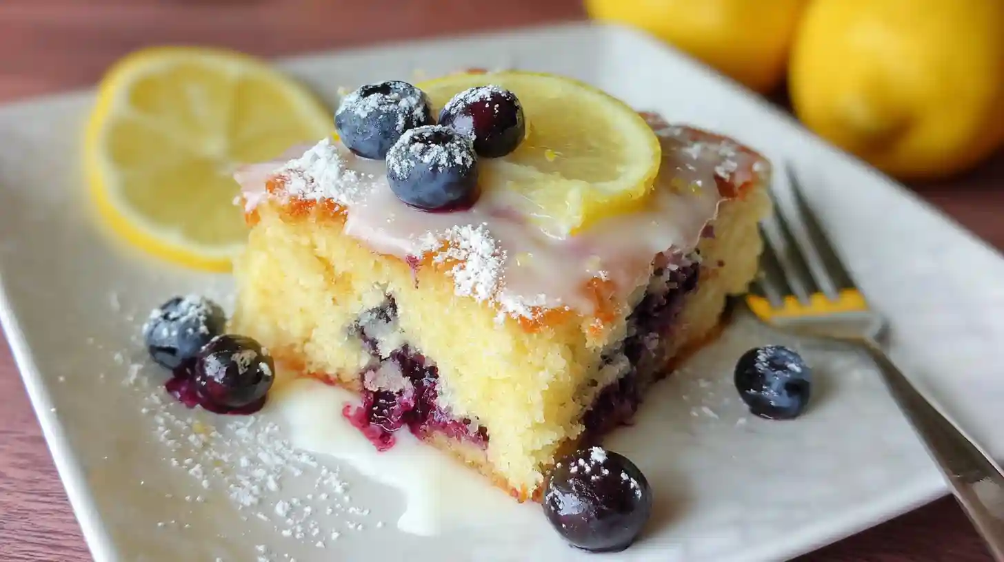 Moist lemon blueberry sheet cake topped with lemon glaze, fresh blueberries, and a lemon slice on a white plate.