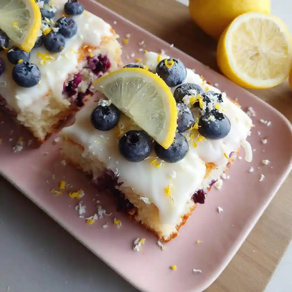 Slices of lemon blueberry sheet cake topped with glaze, fresh blueberries, lemon wedges, and zest on a pink plate.