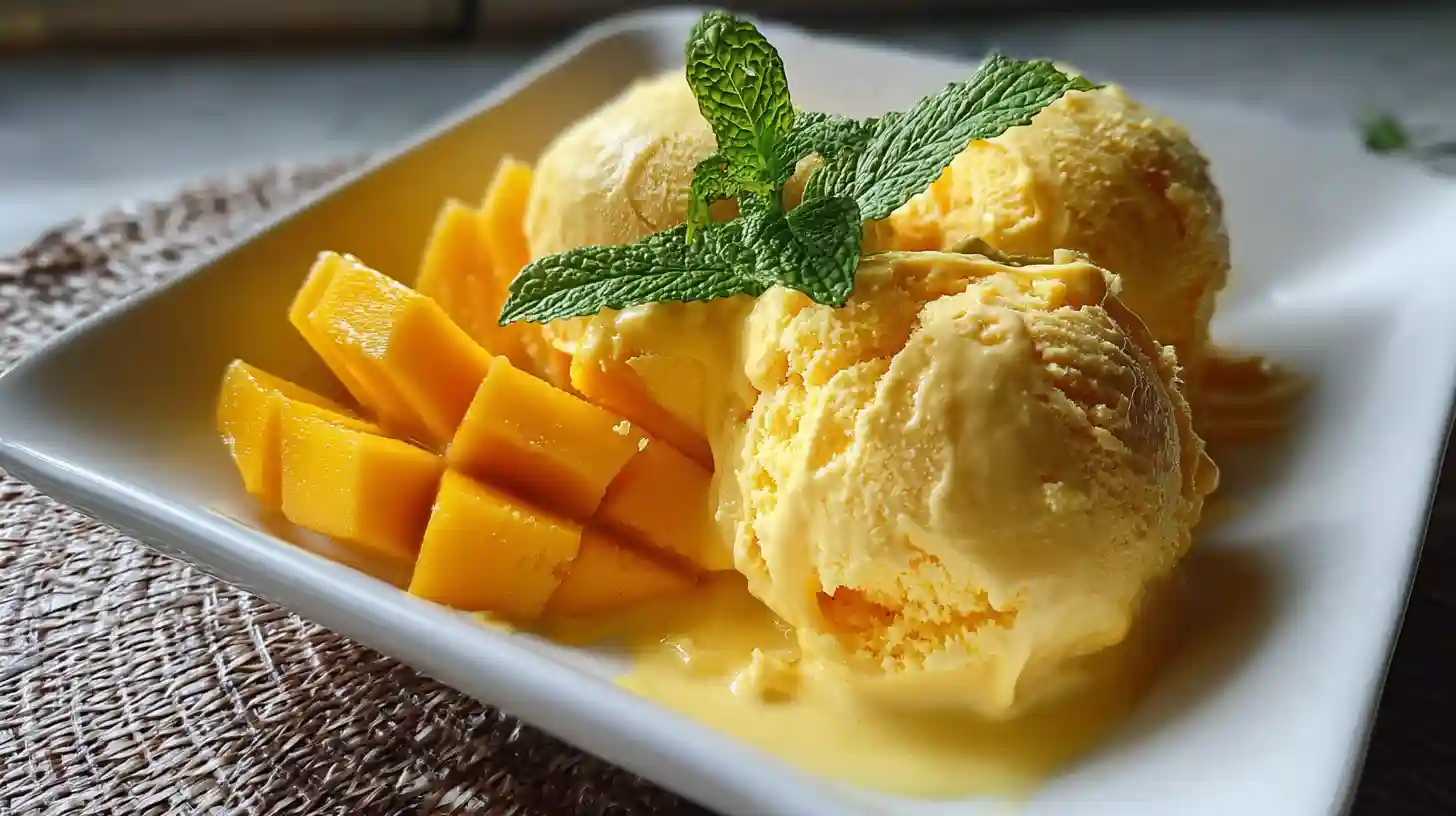 Mango ice cream scoops served with diced mango and mint leaves on a white plate.