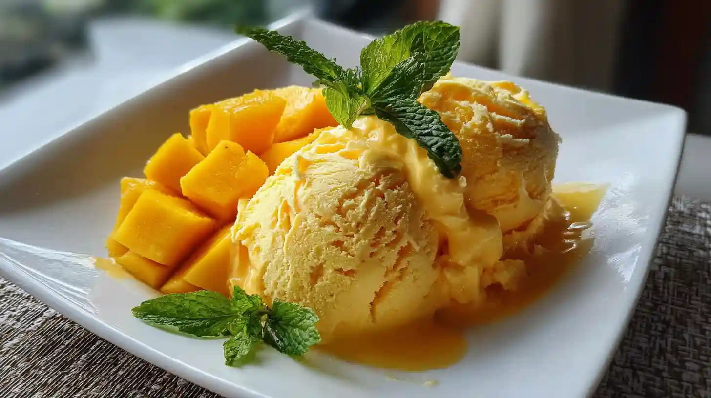 Scoops of mango ice cream with fresh mango slices and mint garnish on a white plate.