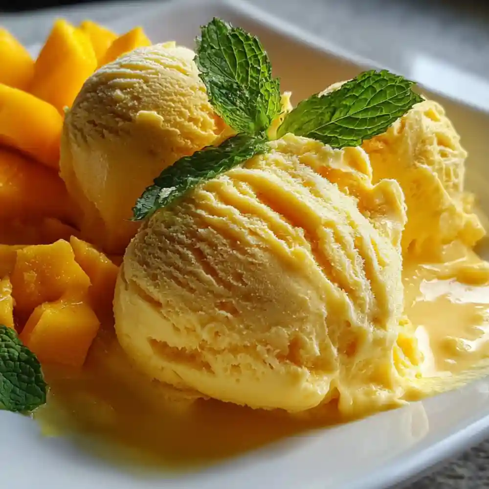Close-up of mango ice cream scoops with diced mango and mint leaves on a white plate.