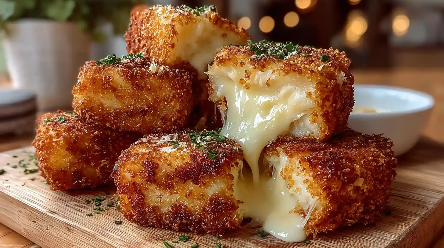 Golden, crispy Nashville hot mozzarella sticks stacked on a wooden board with melted cheese oozing out and herbs sprinkled on top.