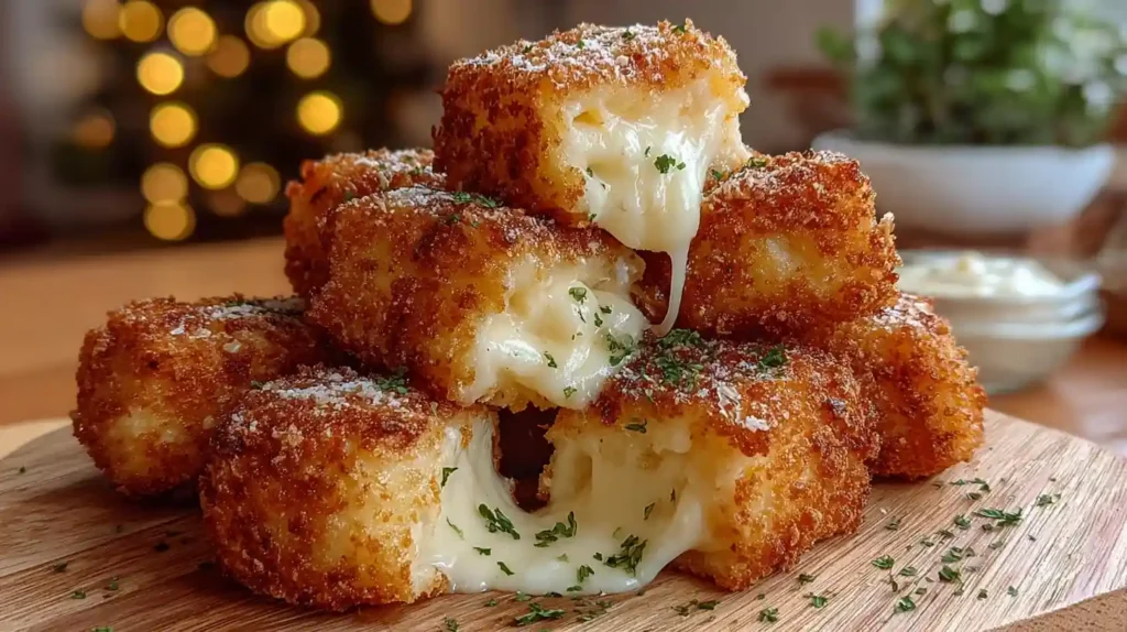 Stack of crispy Nashville Hot Mozzarella Sticks with melted cheese pulling from the center and herbs sprinkled on top.