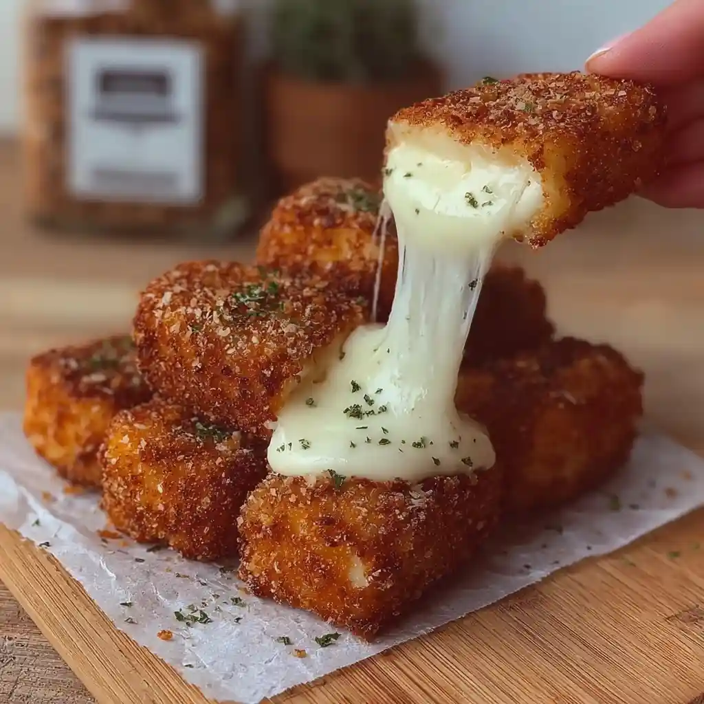 Hand pulling a Nashville Hot Mozzarella Stick with stretchy melted cheese from a stack on parchment paper.