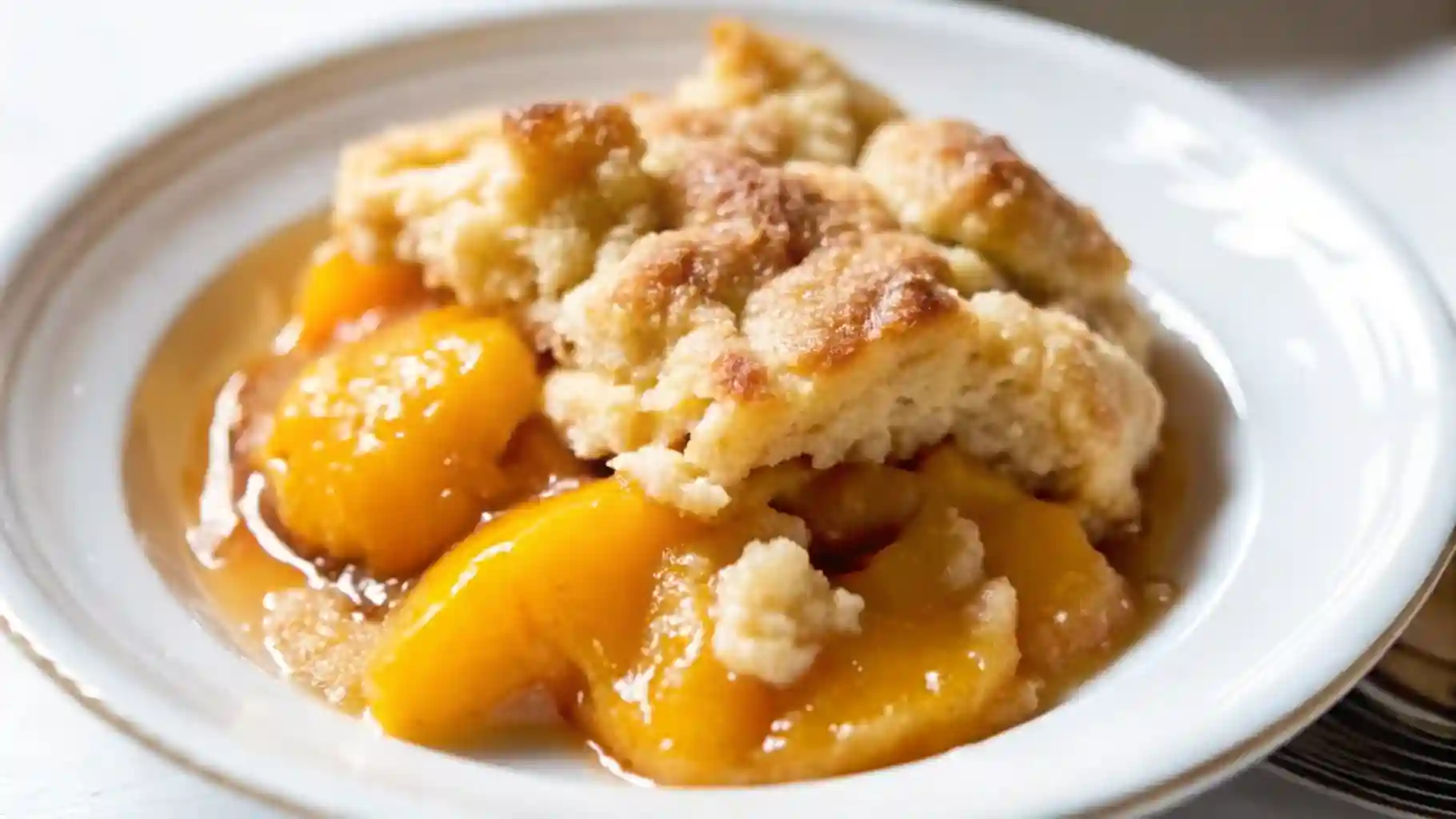 Warm peach cobbler served in a white bowl with golden biscuit topping and syrupy peach filling