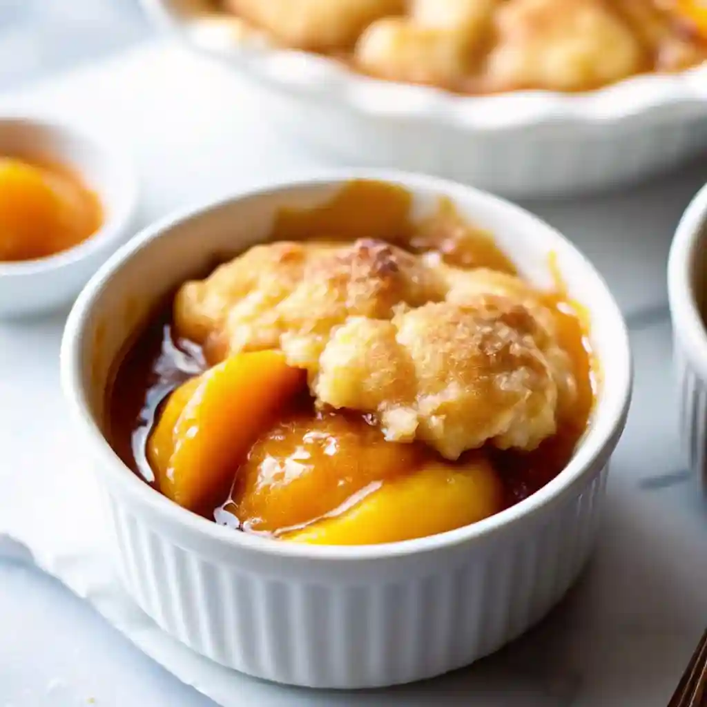 Warm peach cobbler in a white ramekin with syrupy peaches and golden biscuit topping