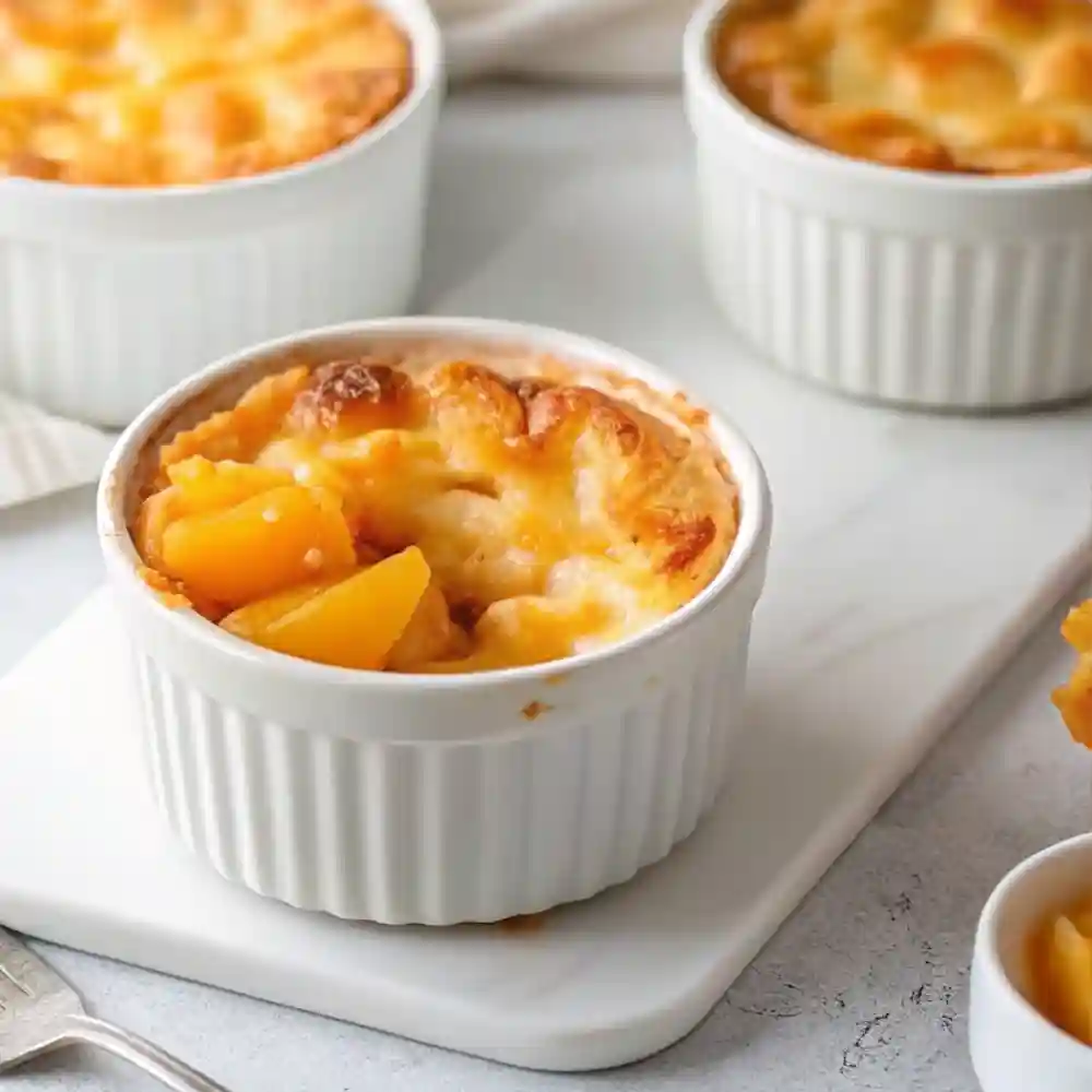 Mini peach cobblers baked in white ramekins with golden tops and visible peach slices