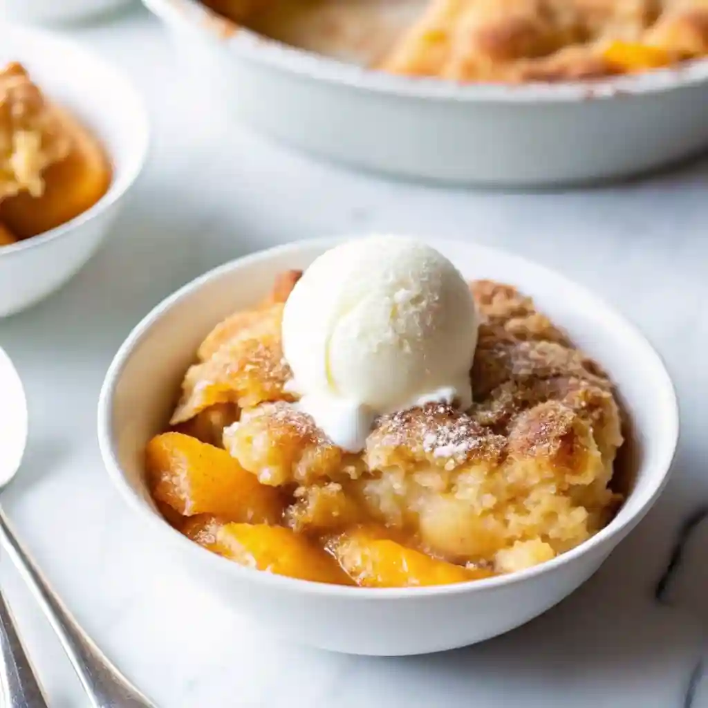 Warm peach cobbler in a white bowl topped with a scoop of vanilla ice cream