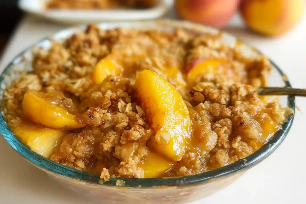 Homemade peach crisp with golden oat topping and juicy baked peaches in a glass bowl.
