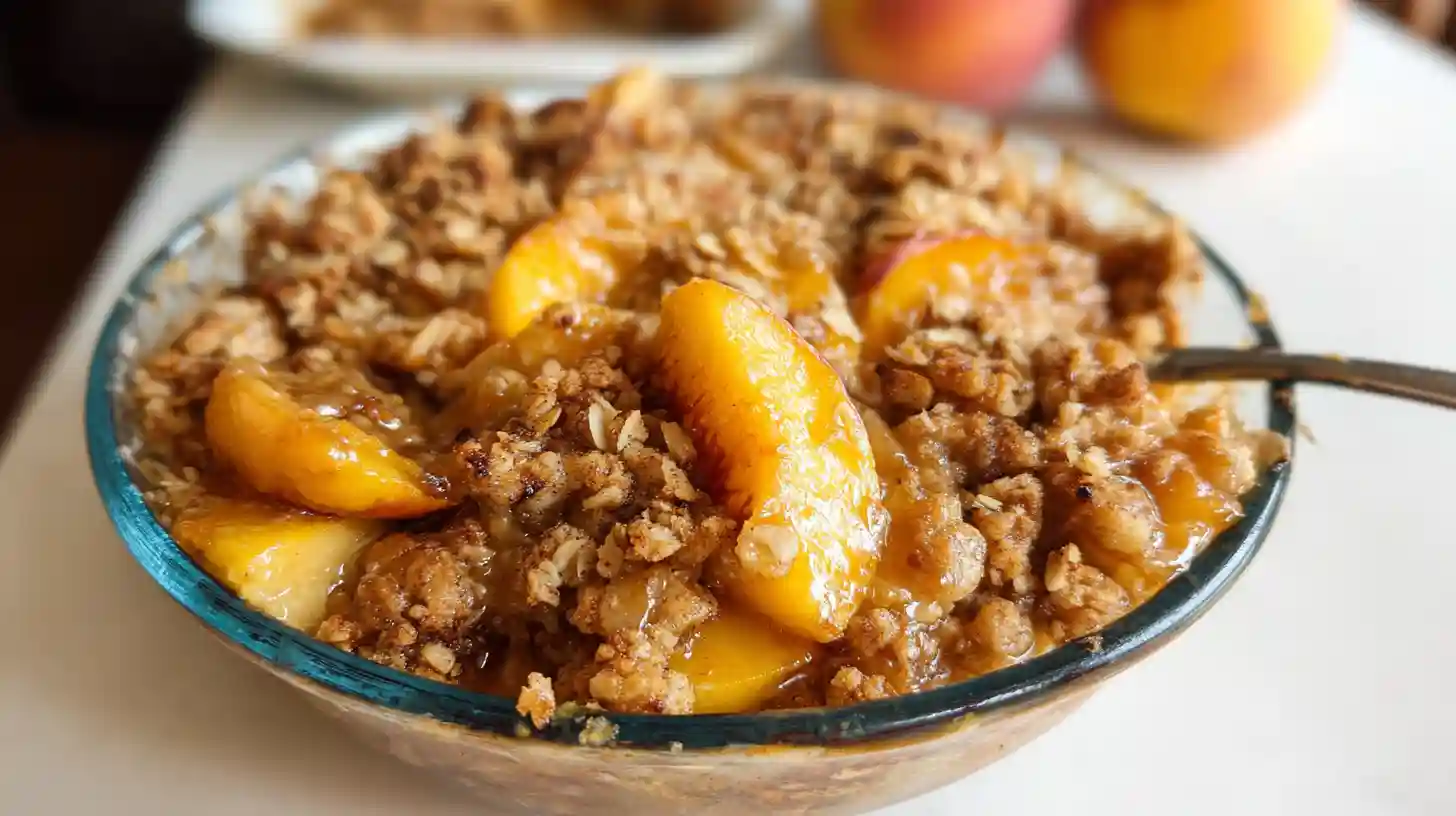 Close-up of homemade peach crisp with golden oat topping in a glass dessert dish.