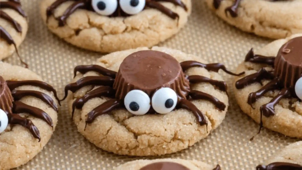 Peanut butter spider cookies decorated with Reese’s cups, candy eyes, and chocolate spider legs on a baking mat.