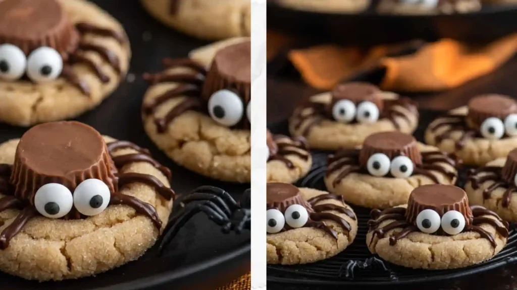 Close-up and tray view of Peanut Butter Spider Cookies decorated with Reese’s cups, candy eyes, and chocolate legs for Halloween.