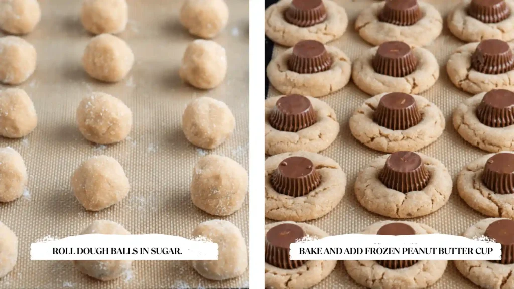 Two-step process for making peanut butter spider cookies: rolling dough in sugar, then baking and adding Reese’s cups.