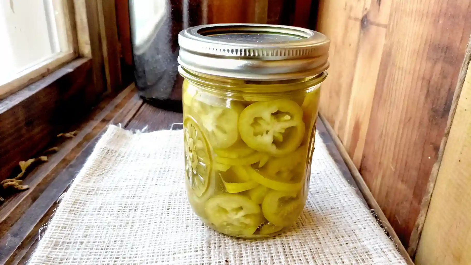 Jar of homemade pickled banana pepper rings on a rustic windowsill