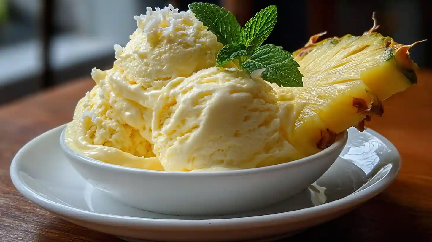 Scoops of pineapple ice cream in a white bowl topped with mint and a fresh pineapple slice