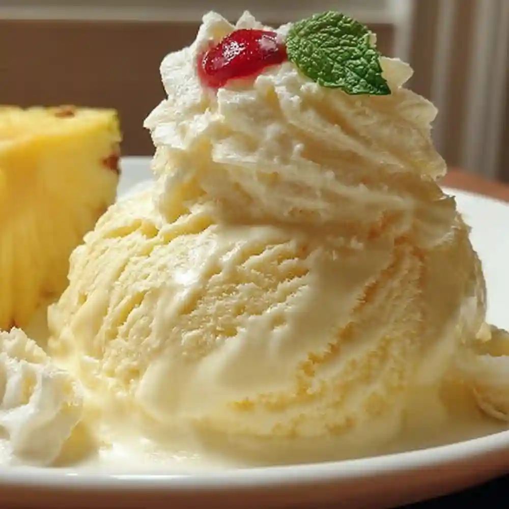 Pineapple ice cream scoop topped with whipped cream, cherry, mint leaf, and fresh pineapple slice