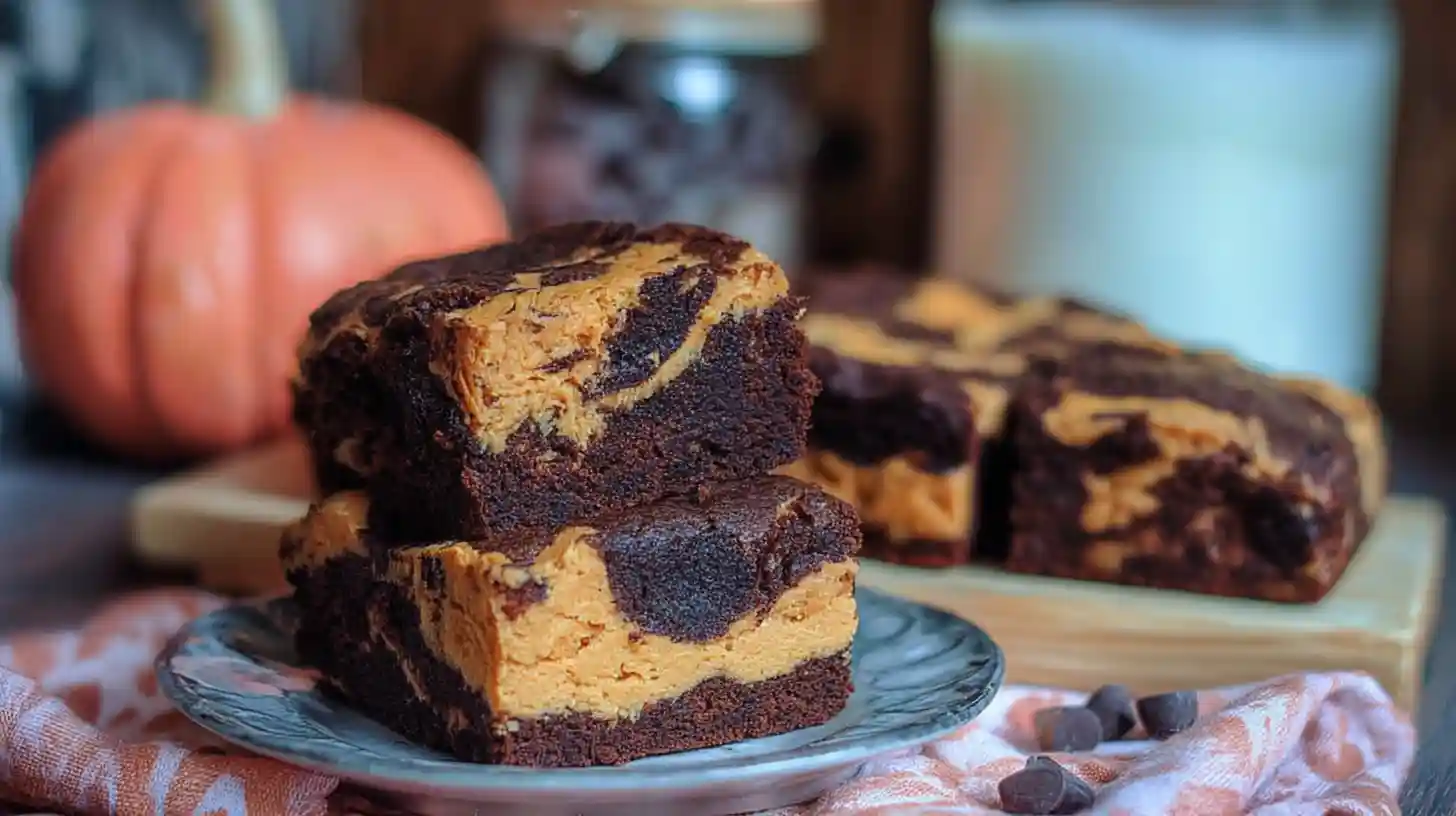 Fudgy pumpkin brownies with a cream cheese swirl on a plate, surrounded by fall decor.